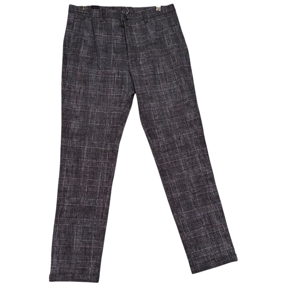 HOSIO Made of Yarn Slim Fit Plaid Dress Pants Gray Blue Wool Blend Italy 34x30